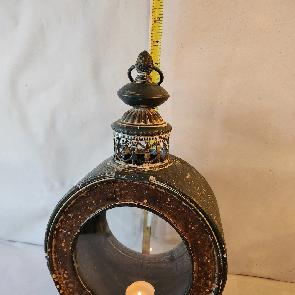 Rustic Metal Round Porthole Lantern Candle Holder Antique Gold Black Devra Style